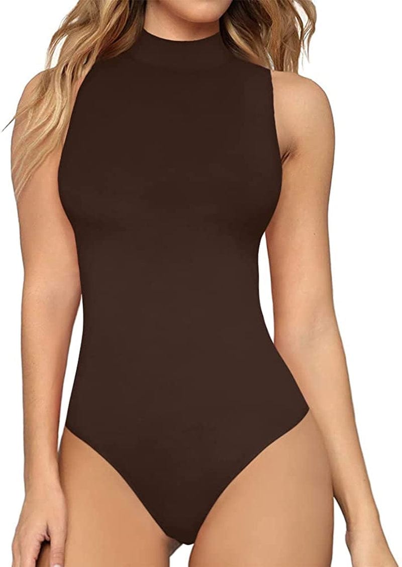 Women'S Mock Turtle Neck Sleeveless Tank Tops / Short Sleeve Bodysuit Leotard Clothing Sleeveles Coffee / Small