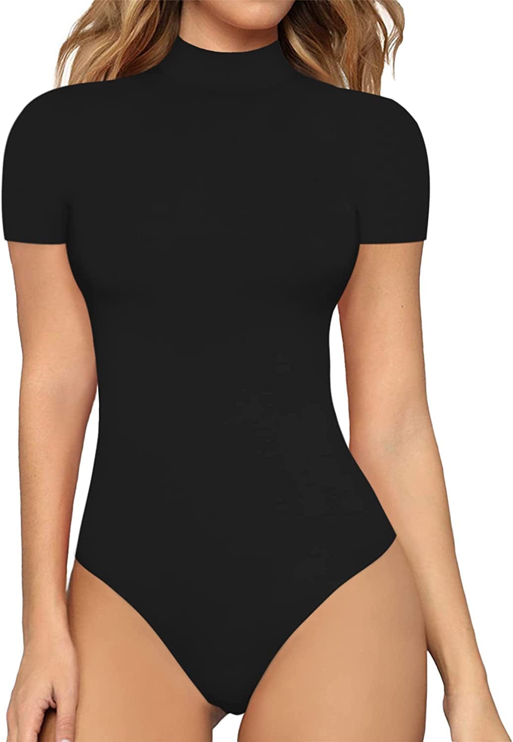 Women'S Mock Turtle Neck Sleeveless Tank Tops / Short Sleeve Bodysuit Leotard Clothing B Short Sleeve Black / X-Small
