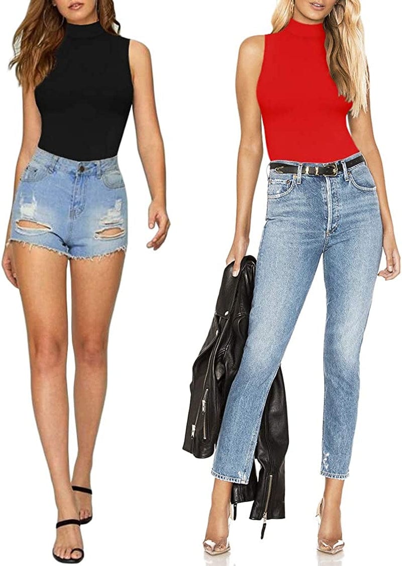 Women'S Mock Turtle Neck Sleeveless Tank Tops / Short Sleeve Bodysuit Leotard Clothing