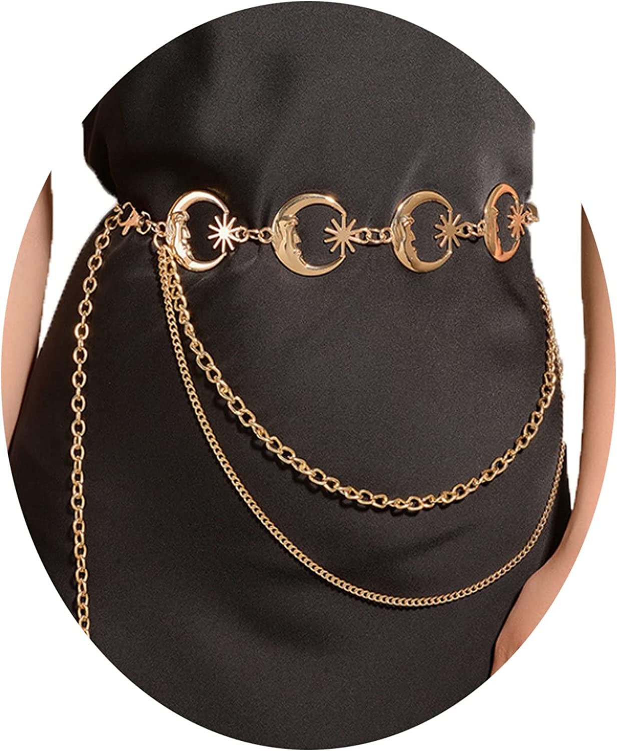 Women’S Moon Sun Metal Link Waist Chain Belts Dress Belt Rave Body Jewelries Skirt Jeans Accessories Apparel & Accessories > Jewelry > Body Jewelry Ralcosuss Moon Gold 2 Layer.