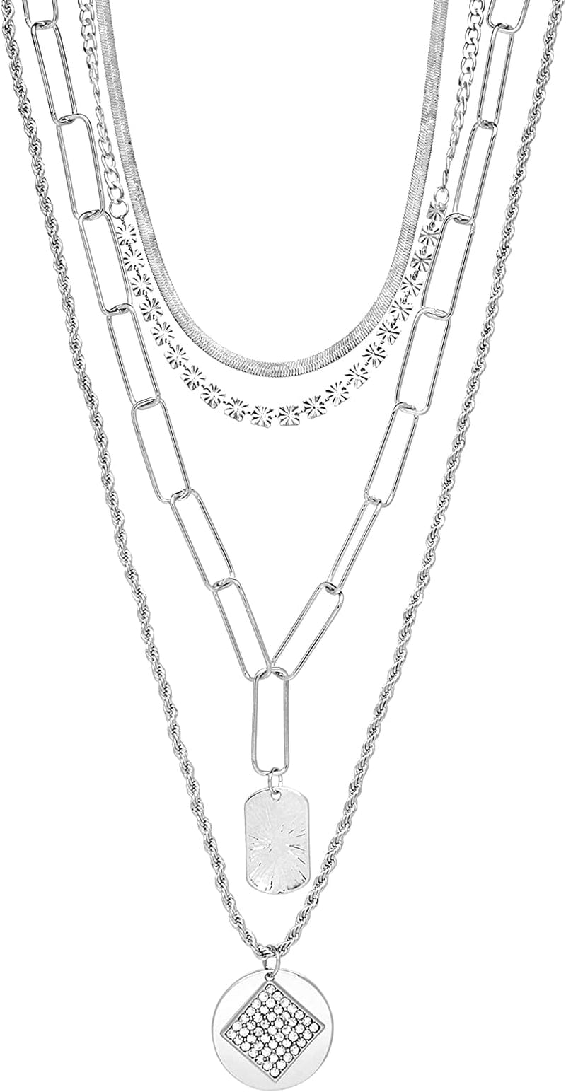 Women'S Necklace - Four Row Layered Pendant Chain: Paperclip Figaro Snake Rope Cable Link White ID / Onesize