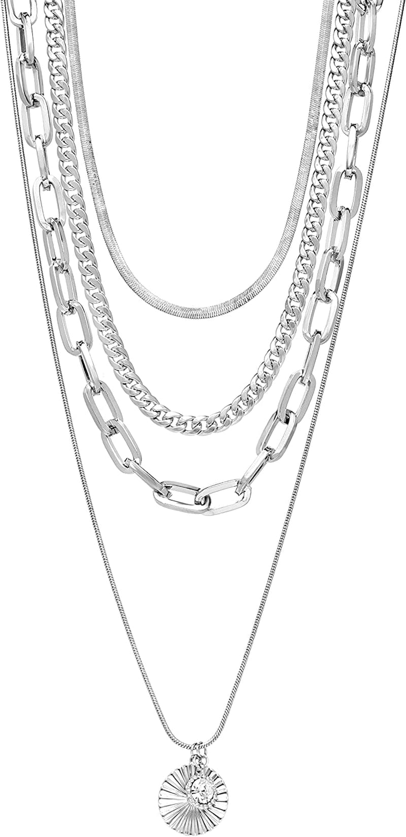 Women'S Necklace - Four Row Layered Pendant Chain: Paperclip Figaro Snake Rope Cable Link White With Stone / Onesize
