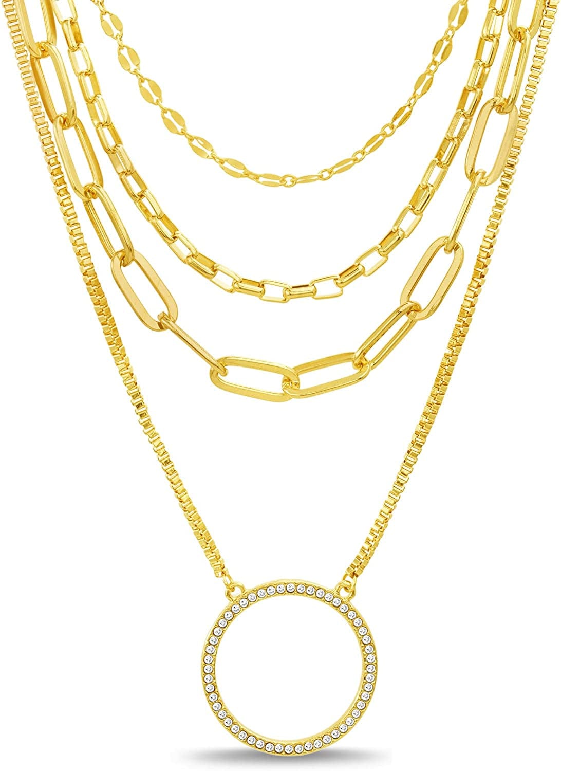 Women'S Necklace - Four Row Layered Pendant Chain: Paperclip Figaro Snake Rope Cable Link Yellow / Onesize