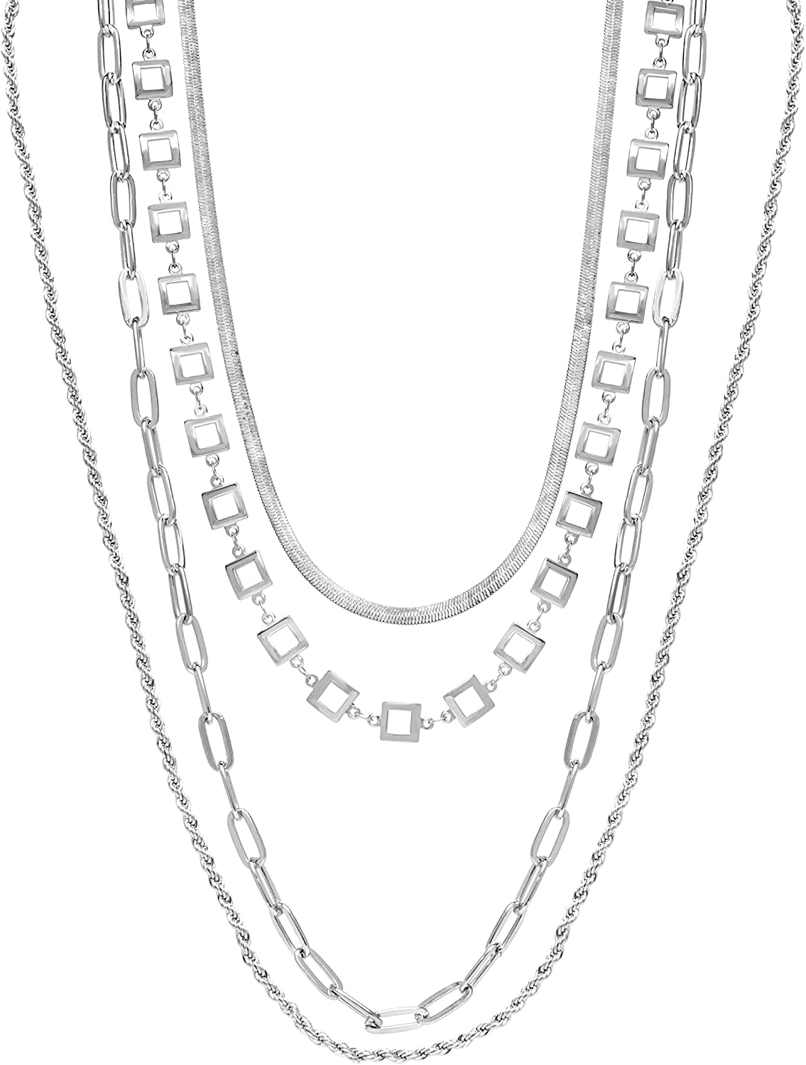 Women'S Necklace - Four Row Layered Pendant Chain: Paperclip Figaro Snake Rope Cable Link White Chain / Onesize