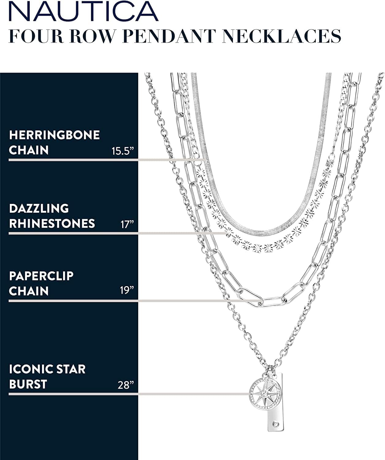Women'S Necklace - Four Row Layered Pendant Chain: Paperclip Figaro Snake Rope Cable Link