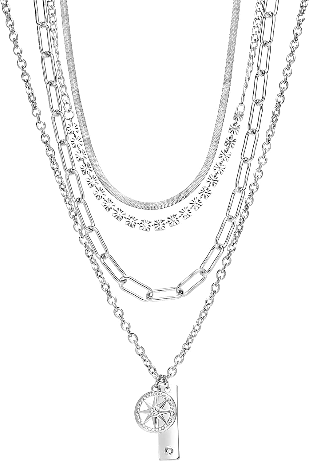 Women'S Necklace - Four Row Layered Pendant Chain: Paperclip Figaro Snake Rope Cable Link White With Star / Onesize