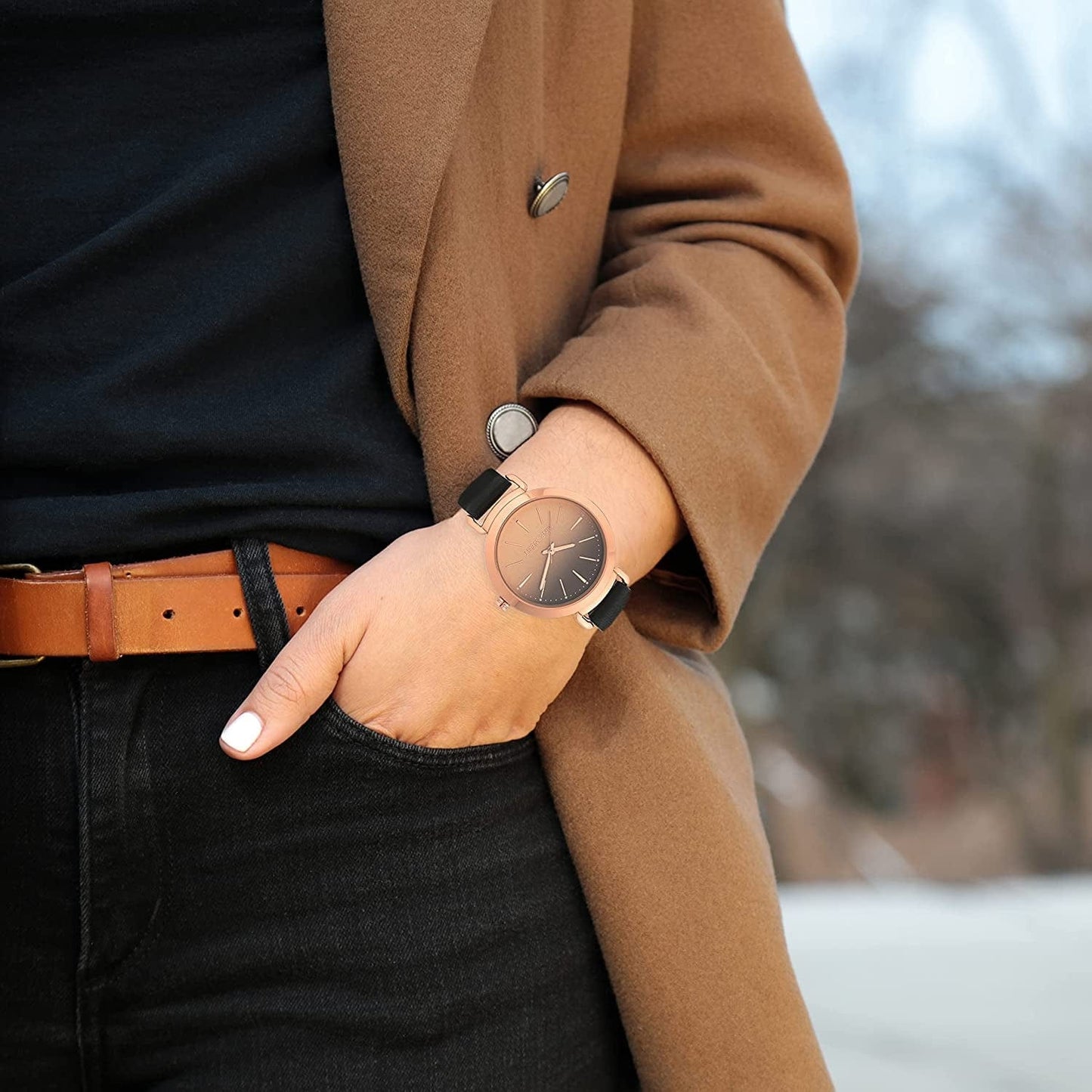 Women'S NW/2288RGBK Rose Gold-Tone and Black Strap Watch