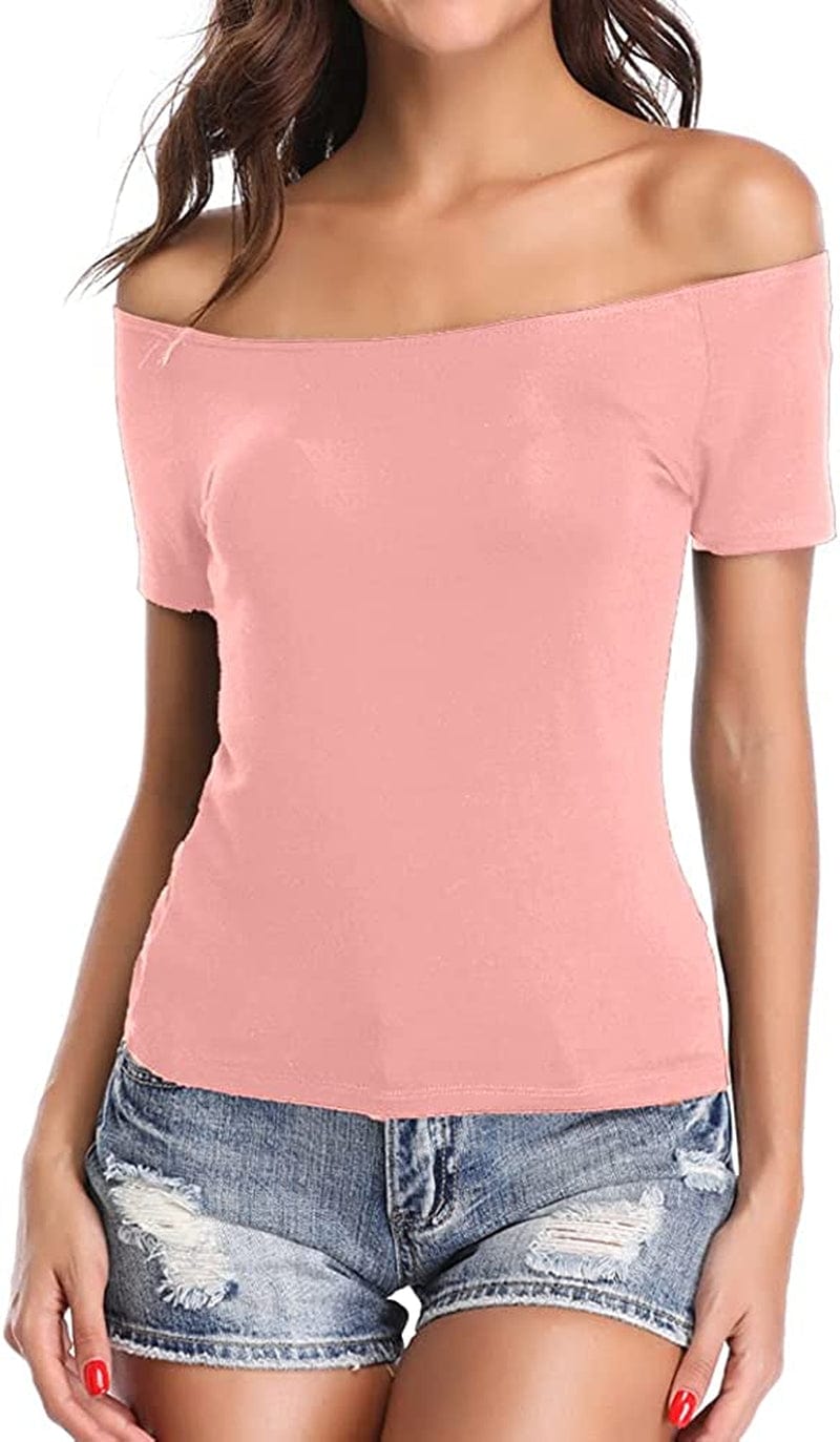 Women'S off Shoulder Tops, One Shoulder Shirts, Short Sleeves Sexy Slim Fit Tees Pink / Small
