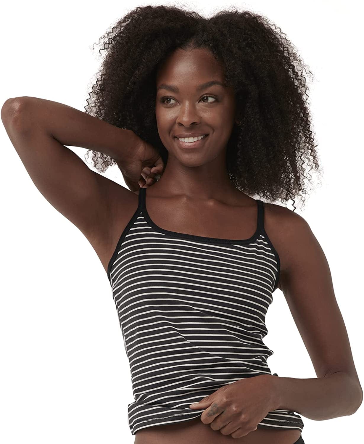 Women'S Organic Cotton Camisole Tank Top with Built-In Shelf Bra Black Pinstripe / X-Large
