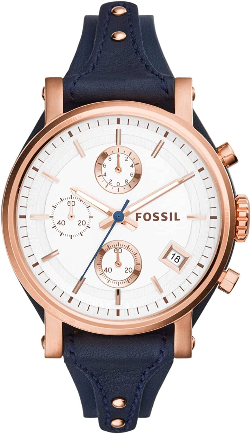 Women'S Original Boyfriend Stainless Steel and Leather Quartz Chronograph Watch Rose Gold, Blue