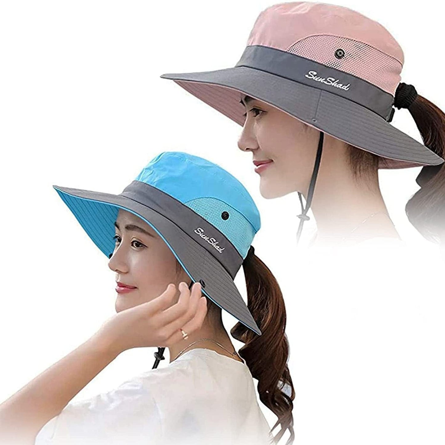 Women'S Outdoor Uv-Protection-Foldable Sun-Hats Mesh Wide-Brim Beach Fishing Hat with Ponytail-Hole Apparel & Accessories > Clothing Accessories > Hats INOGIH Pink+blue