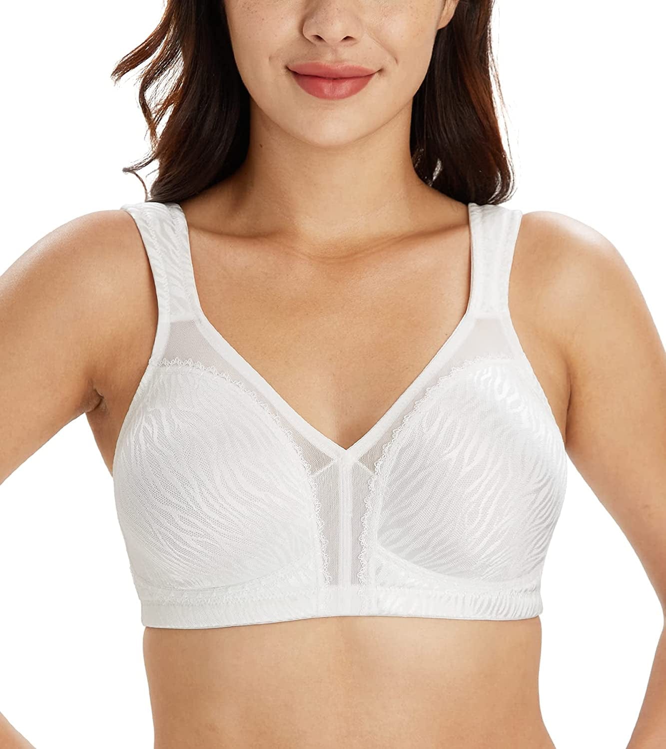 Women'S plus Size Full Coverage Non Padded Wireless Minimizer Bra -Comfort and Double Support Zebra Jacquard White / 38DD