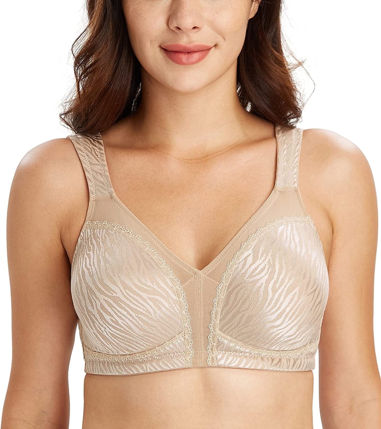 Women'S plus Size Full Coverage Non Padded Wireless Minimizer Bra -Comfort and Double Support Zebra Jacquard Beige / 40C