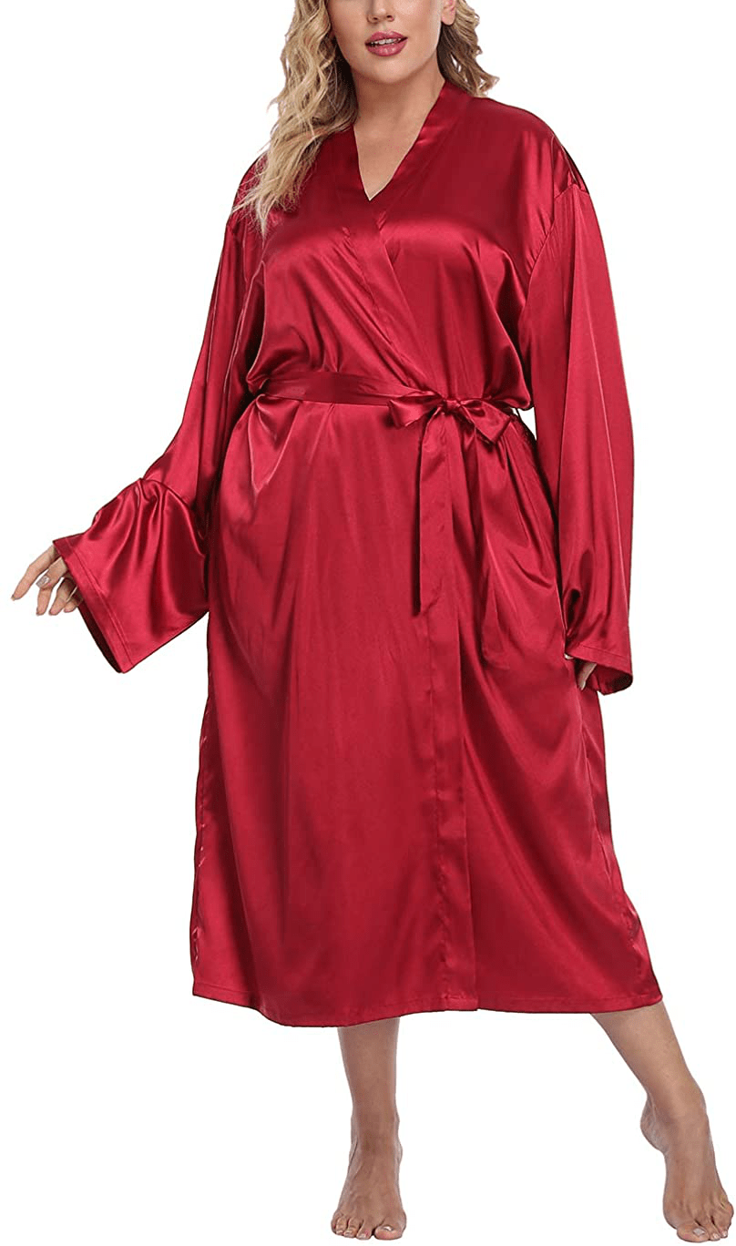 Women'S plus Size Long Kimono Robe Self Tie Soft Lightweight Bathrobe Casual Sleepwear for Bride and Bridesmaid Apparel & Accessories > Clothing > Sleepwear & Loungewear > Robes TEENTAGE Wine Red 1X