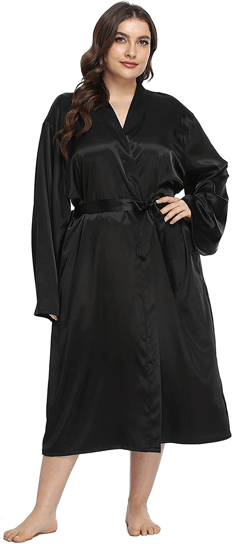 Women'S plus Size Long Robes Satin Silky Bathrobes Lightweight Kimono Cover up Sleepwear Bridesmaid Party Apparel & Accessories > Clothing > Sleepwear & Loungewear > Robes Teemie Black 4X
