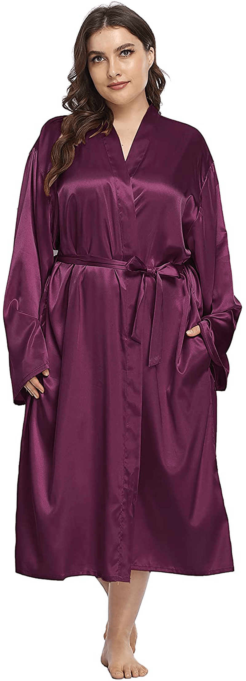 Women'S plus Size Long Robes Satin Silky Bathrobes Lightweight Kimono Cover up Sleepwear Bridesmaid Party Apparel & Accessories > Clothing > Sleepwear & Loungewear > Robes Teemie Deep Purple 2X
