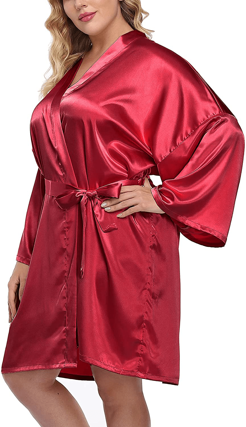 Women'S plus Size Satin Kimono Robes Short Silk Bathrobe Bridesmaid Wedding Party Nightgown Sleepwear Apparel & Accessories > Clothing > Sleepwear & Loungewear > Robes sunshinemall Wine Red 3X
