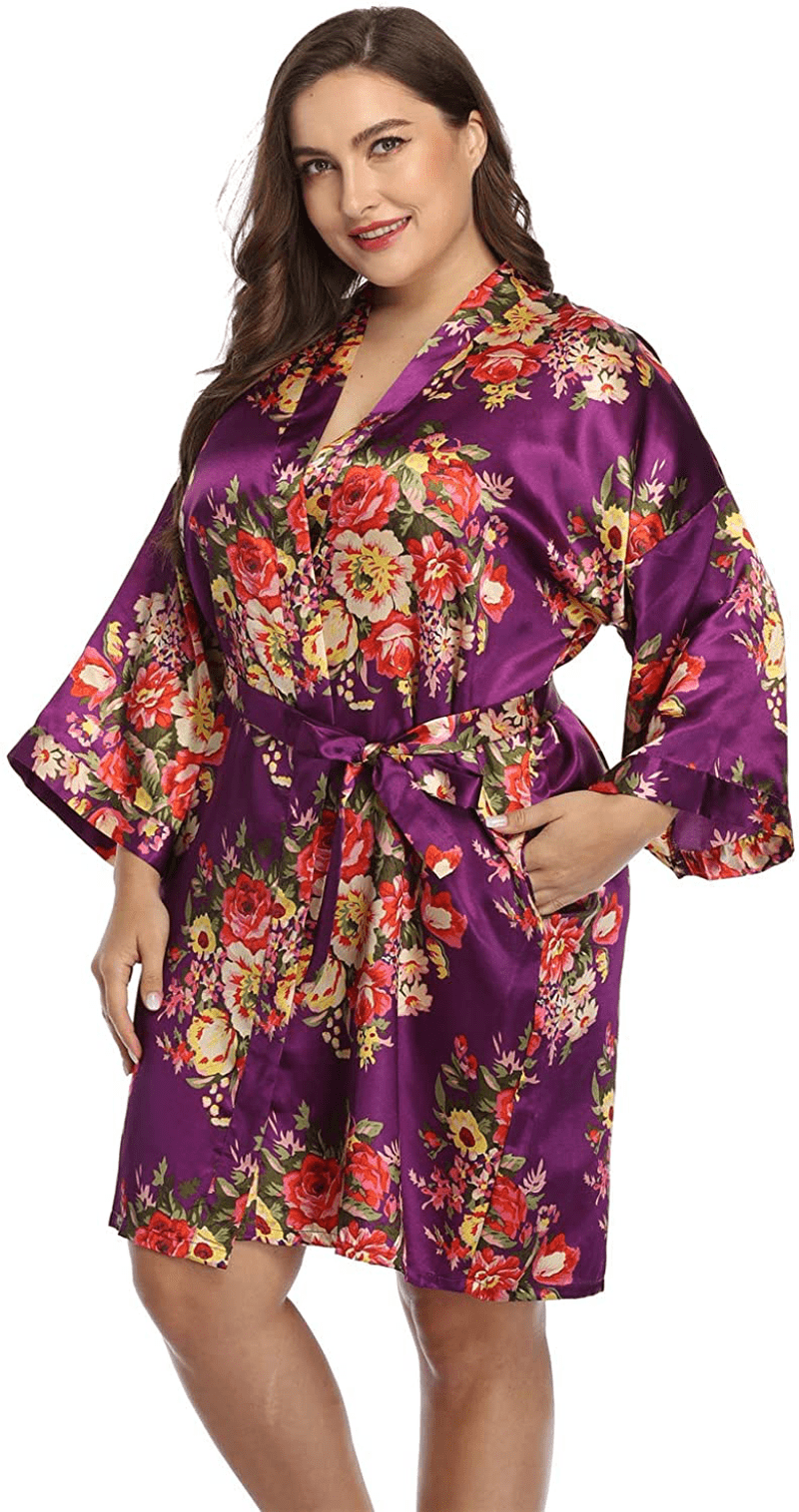 Women'S plus Size Satin Robes Short Silky Bathrobes Bridesmaid Party Dressing Gown Apparel & Accessories > Clothing > Sleepwear & Loungewear > Robes Super Shopping-zone Purple Floral 3X