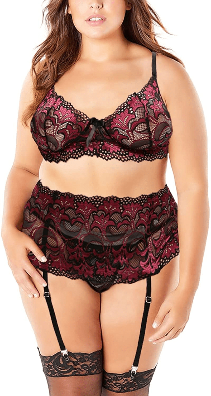 Women'S plus Size Sexy Lingerie Classic Embroidered Lace Bra High Waisted Skirt Garter Belt G-String 3-Piece Sets Apparel & Accessories > Clothing > Underwear & Socks > Lingerie KYLIE MAX