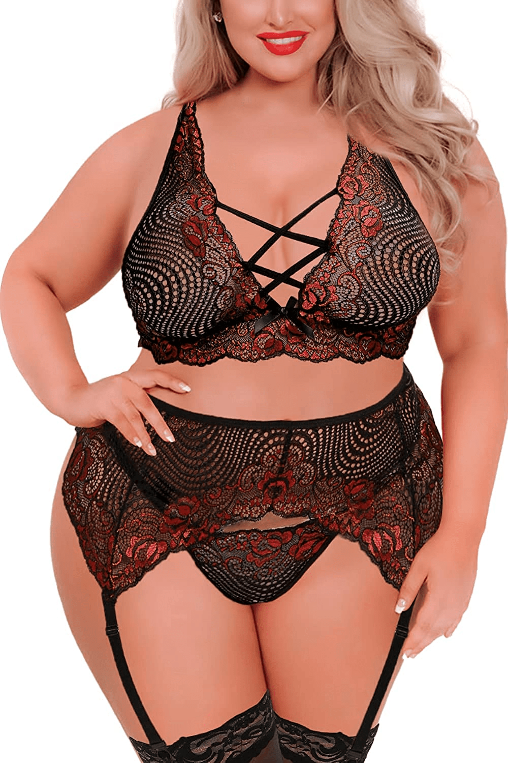 Women'S plus Size Sexy Lingerie Floral Criss Cross Contrast Lace Bra High Waisted Skirt Garter Belt 3-Piece Underwear Sets Apparel & Accessories > Clothing > Underwear & Socks > Lingerie KYLIE MAX Wine 3X-Large