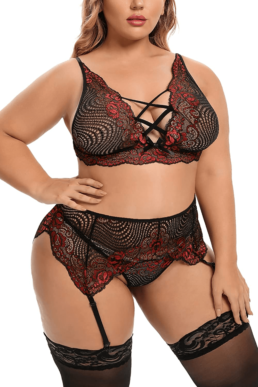 Women'S plus Size Sexy Lingerie Floral Criss Cross Contrast Lace Bra High Waisted Skirt Garter Belt 3-Piece Underwear Sets Apparel & Accessories > Clothing > Underwear & Socks > Lingerie KYLIE MAX