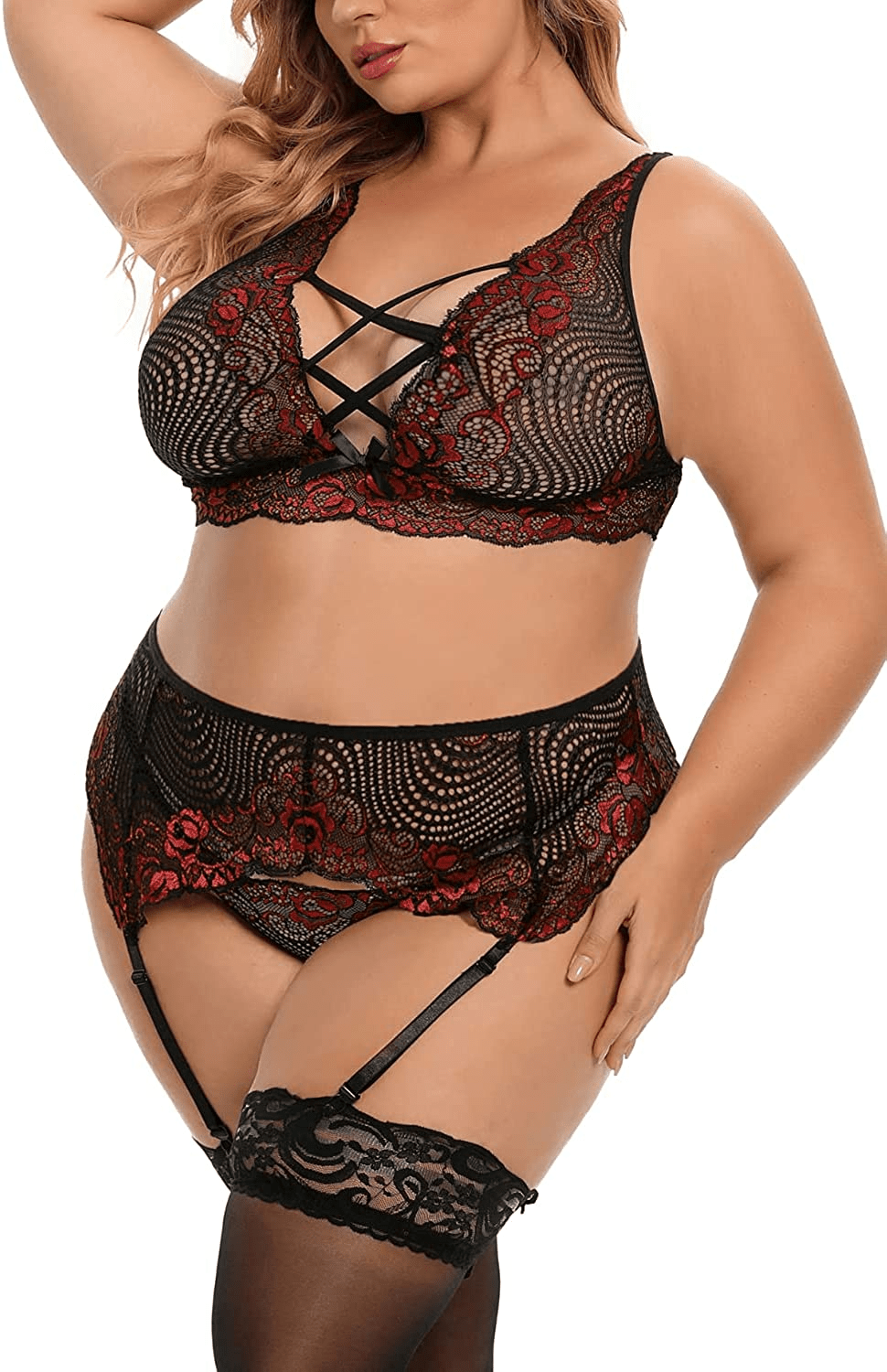 Women'S plus Size Sexy Lingerie Floral Criss Cross Contrast Lace Bra High Waisted Skirt Garter Belt 3-Piece Underwear Sets Apparel & Accessories > Clothing > Underwear & Socks > Lingerie KYLIE MAX