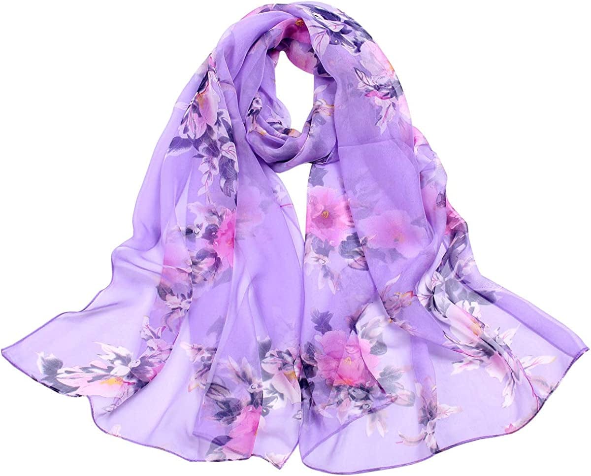 Women'S Polyester Chiffon Scarf Neck Fashionable Printing Floral Country Style Lightweight Scarves for Ladies and Girls Apparel & Accessories > Clothing Accessories > Scarves & Shawls Persmileful Purple