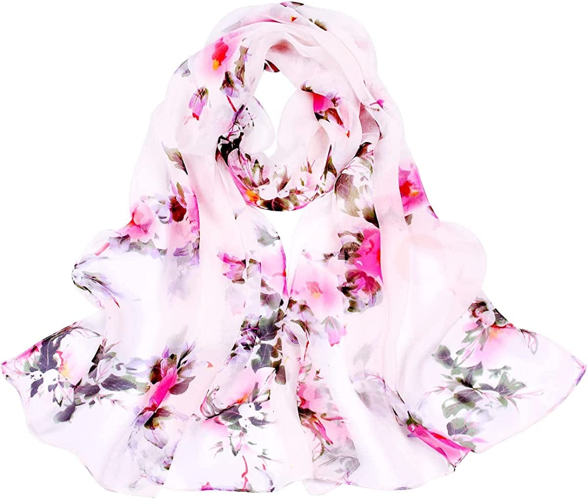 Women'S Polyester Chiffon Scarf Neck Fashionable Printing Floral Country Style Lightweight Scarves for Ladies and Girls Apparel & Accessories > Clothing Accessories > Scarves & Shawls Persmileful White