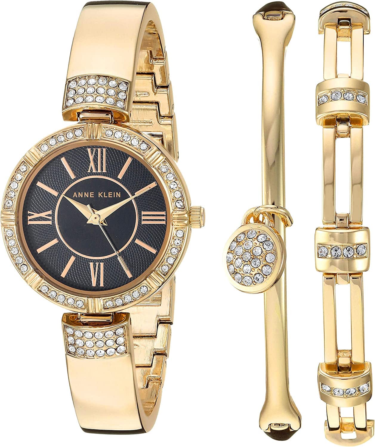 Women'S Premium Crystal Accented Watch and Bracelet Set Gold-Tone and Black