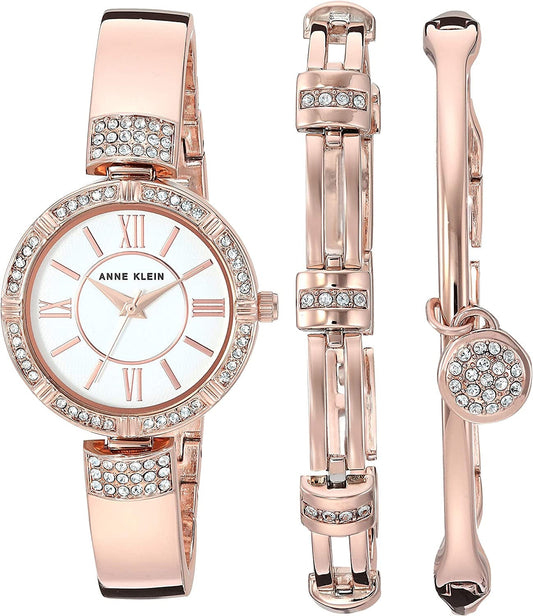 Women'S Premium Crystal Accented Watch and Bracelet Set Rose Gold