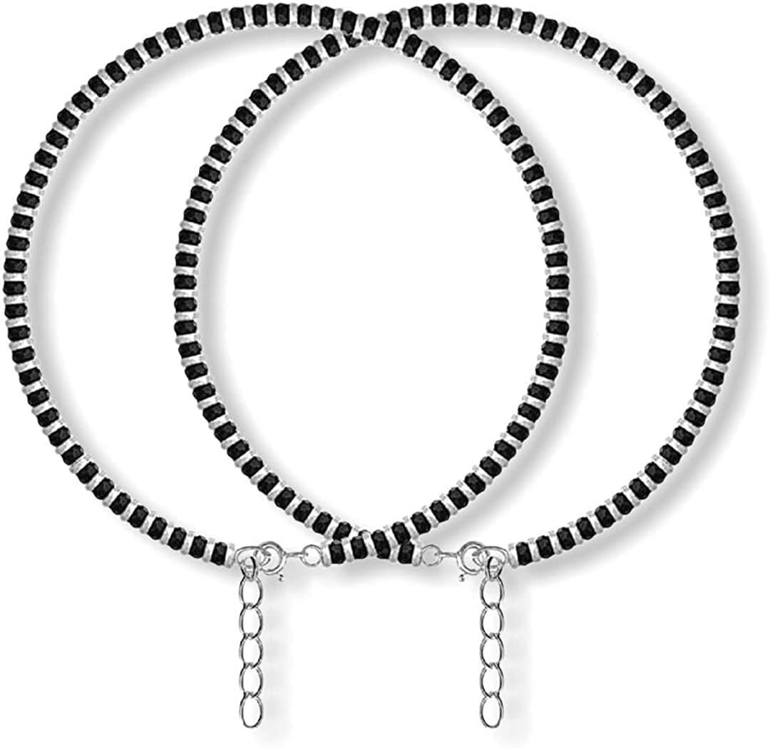 Women'S Pure 925 Sterling Silver Nazariya Anklet Payal, Black Apparel & Accessories > Jewelry > Anklets Generic Black Two Anklet