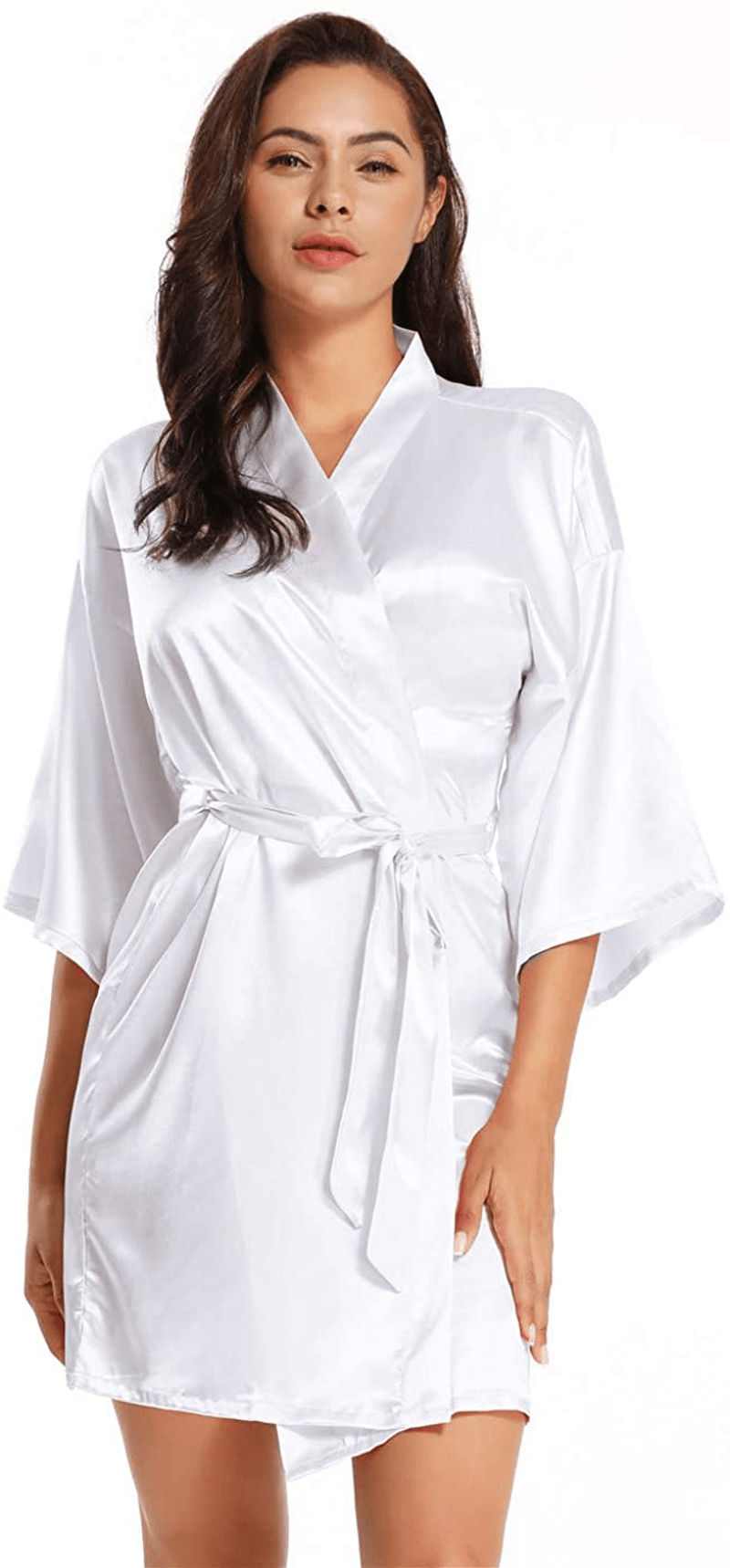 Women'S Pure Short Satin Robes Bridesmaid and Bride Silky Robes Summer Sleepwear Apparel & Accessories > Clothing > Sleepwear & Loungewear > Robes MizzGenio White Large-X-Large