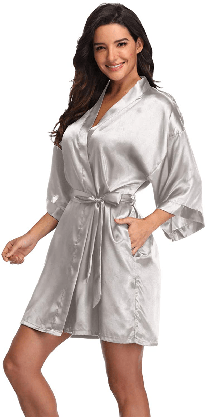 Women'S Pure Short Silky Robes Bridesmaid Bride Party Satin Robes Sleepwear Apparel & Accessories > Clothing > Sleepwear & Loungewear > Robes Super Shopping-zone Silver X-Large