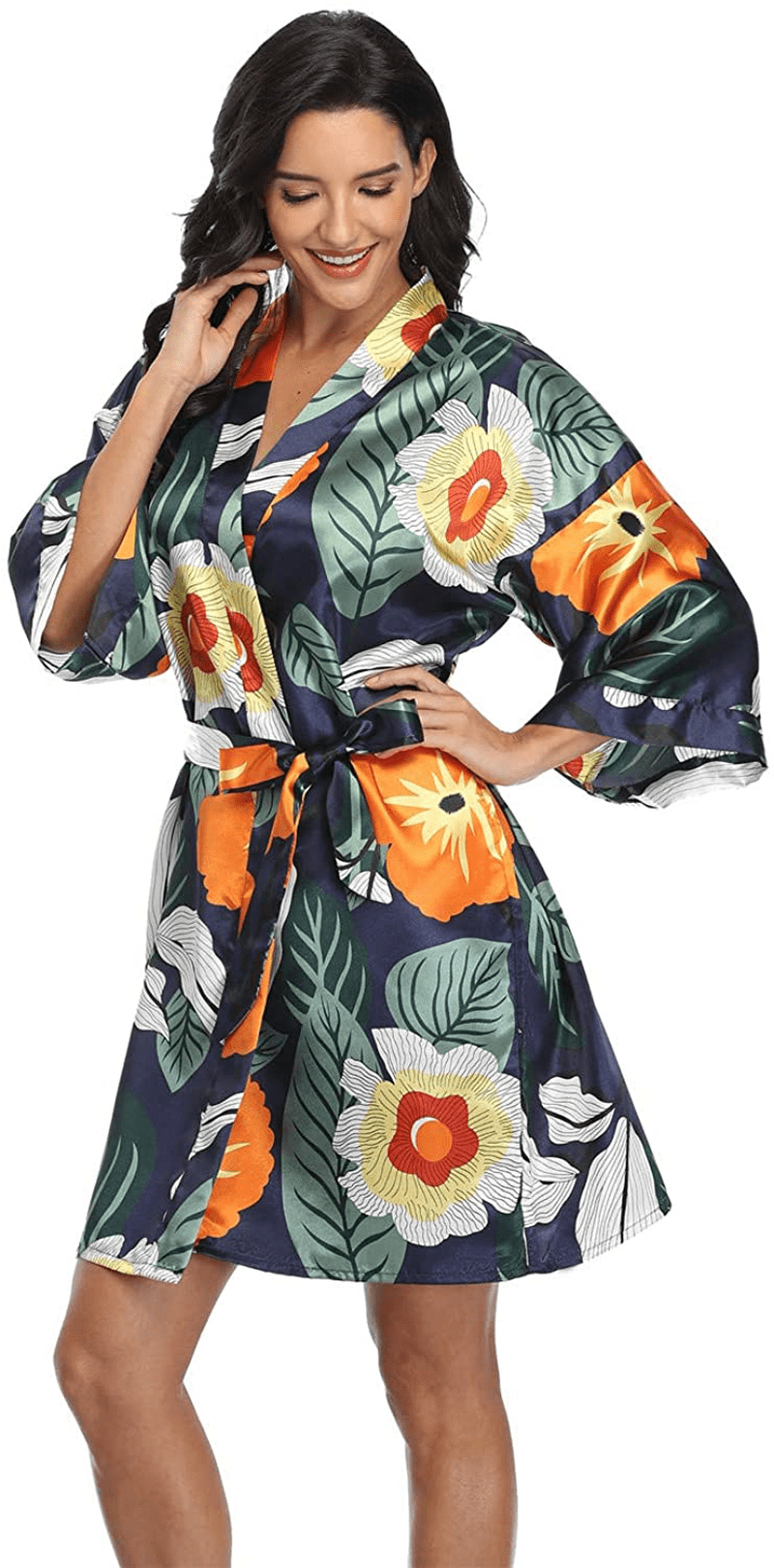 Women'S Pure Short Silky Robes Bridesmaid Bride Party Satin Robes Sleepwear Apparel & Accessories > Clothing > Sleepwear & Loungewear > Robes Super Shopping-zone Navy Floral 1 Small