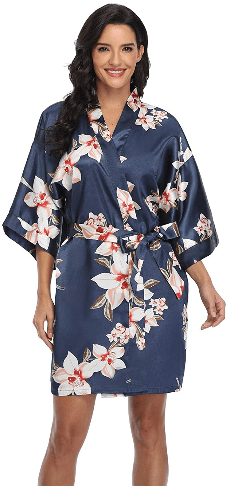 Women'S Pure Short Silky Robes Bridesmaid Bride Party Satin Robes Sleepwear Apparel & Accessories > Clothing > Sleepwear & Loungewear > Robes Super Shopping-zone Navy Floral 3 X-Large