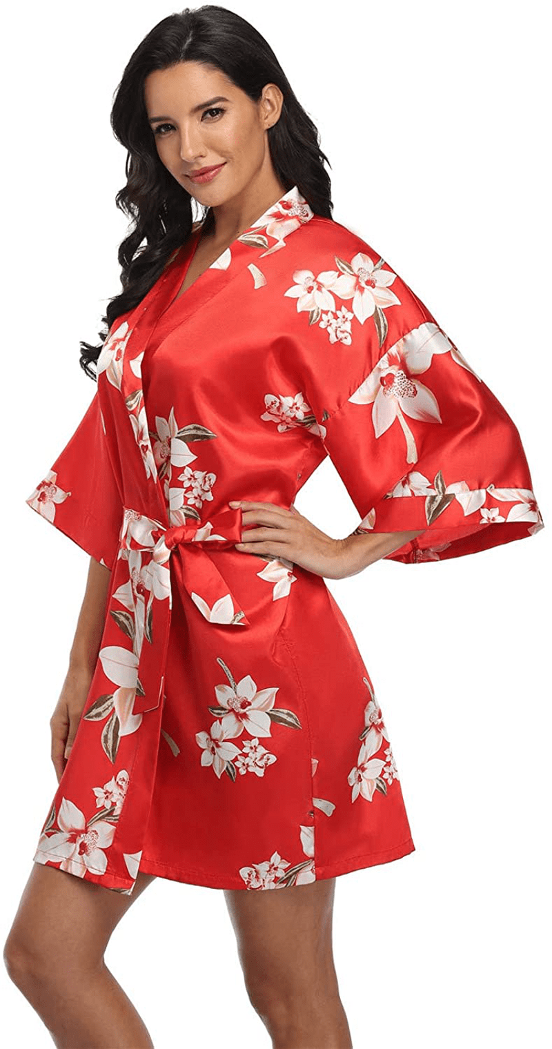 Women'S Pure Short Silky Robes Bridesmaid Bride Party Satin Robes Sleepwear Apparel & Accessories > Clothing > Sleepwear & Loungewear > Robes Super Shopping-zone Red Floral Small