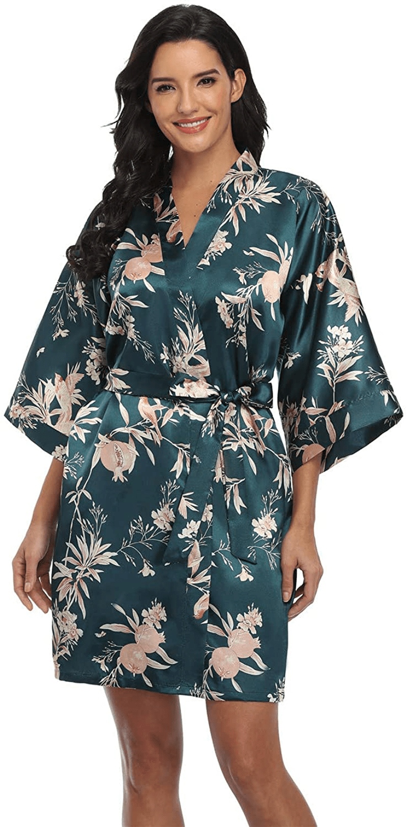 Women'S Pure Short Silky Robes Bridesmaid Bride Party Satin Robes Sleepwear Apparel & Accessories > Clothing > Sleepwear & Loungewear > Robes Super Shopping-zone Dark Green Floral 1 Medium