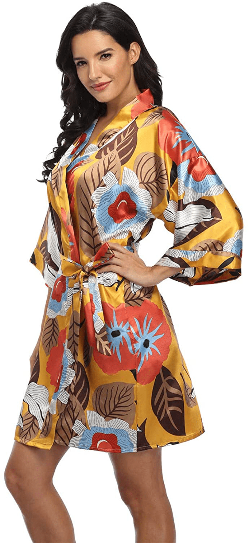 Women'S Pure Short Silky Robes Bridesmaid Bride Party Satin Robes Sleepwear Apparel & Accessories > Clothing > Sleepwear & Loungewear > Robes Super Shopping-zone Yellow Floral Large