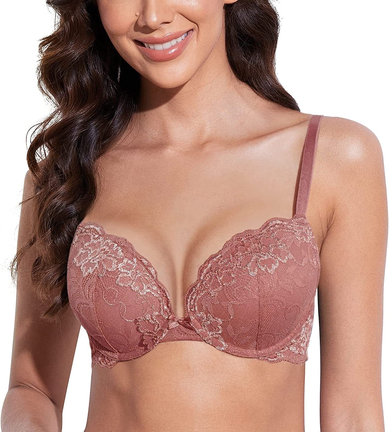 Women’S Push up Lace Bra Comfort Padded Underwire Bra Lift up Add One Cup Withered Rose / 38DD