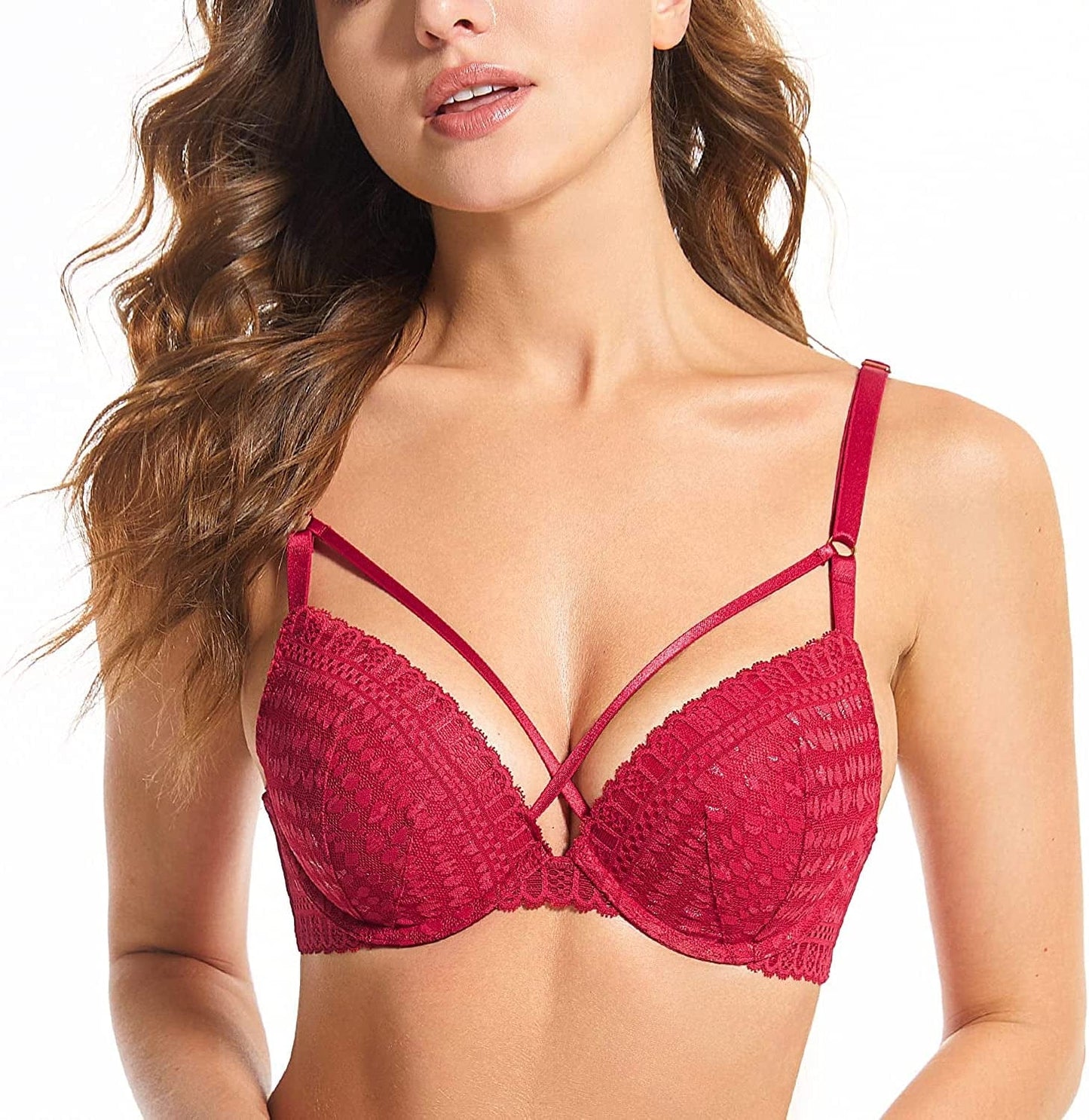 Women’S Push up Lace Bra Comfort Padded Underwire Bra Lift up Add One Cup Lipstick / 36D