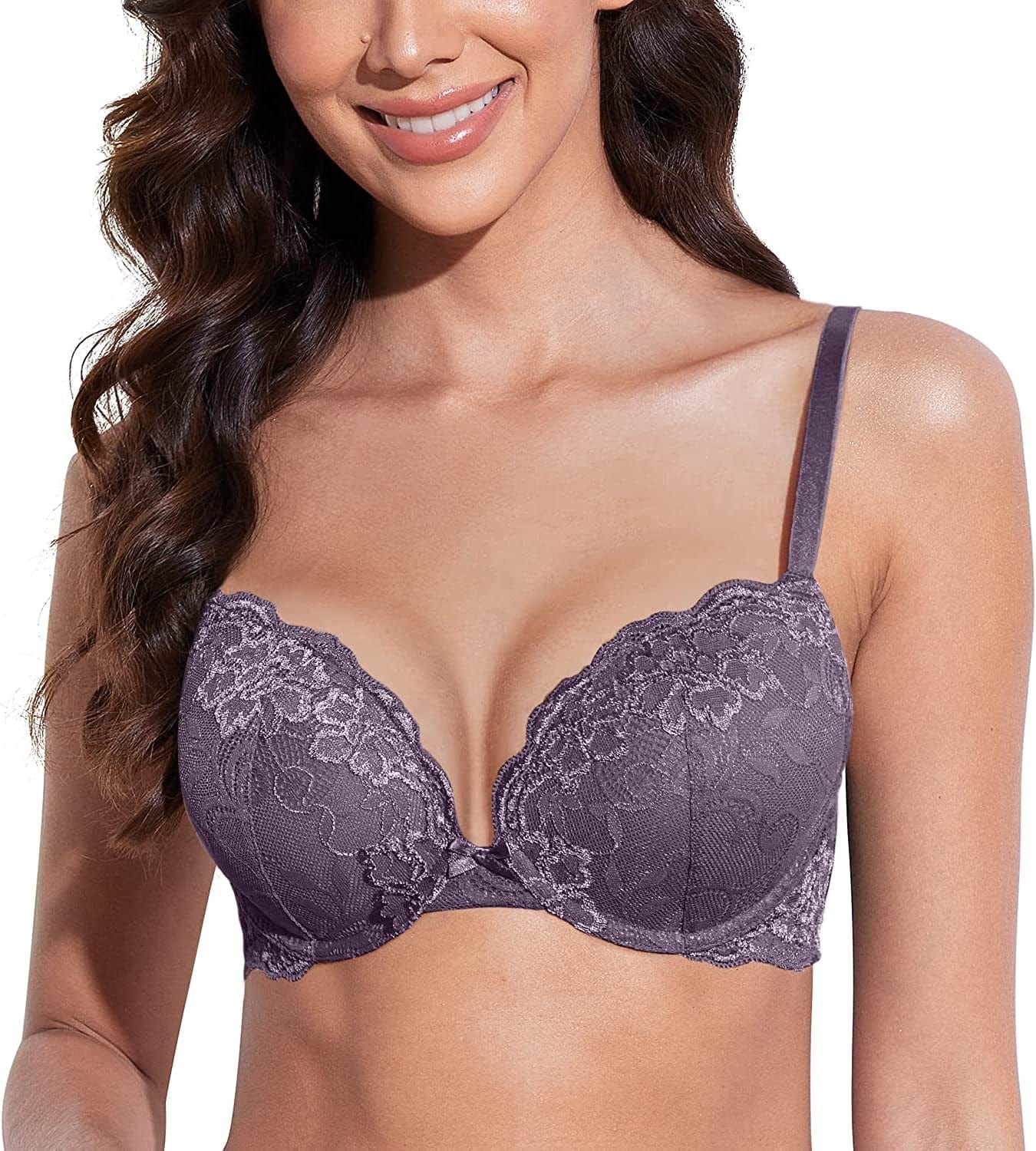Women’S Push up Lace Bra Comfort Padded Underwire Bra Lift up Add One Cup Grape / 34DDD