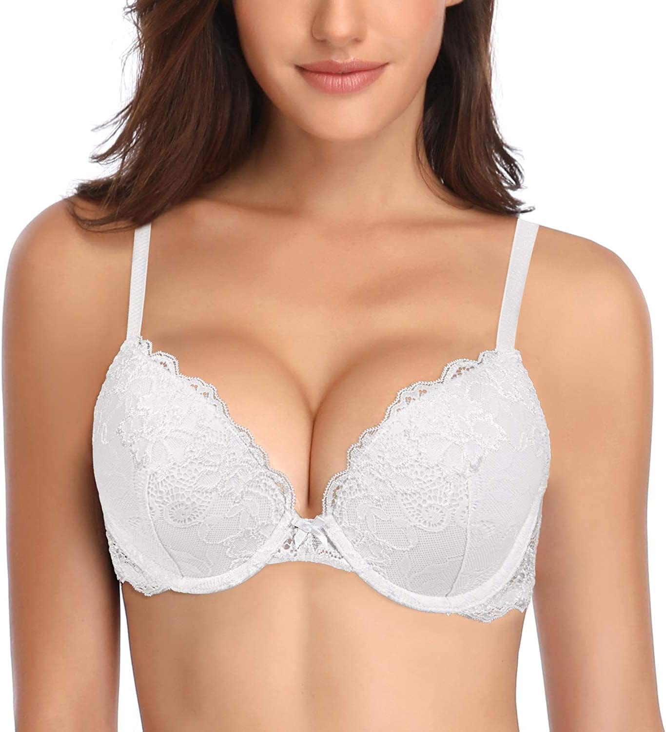Women’S Push up Lace Bra Comfort Padded Underwire Bra Lift up Add One Cup White / 36DD