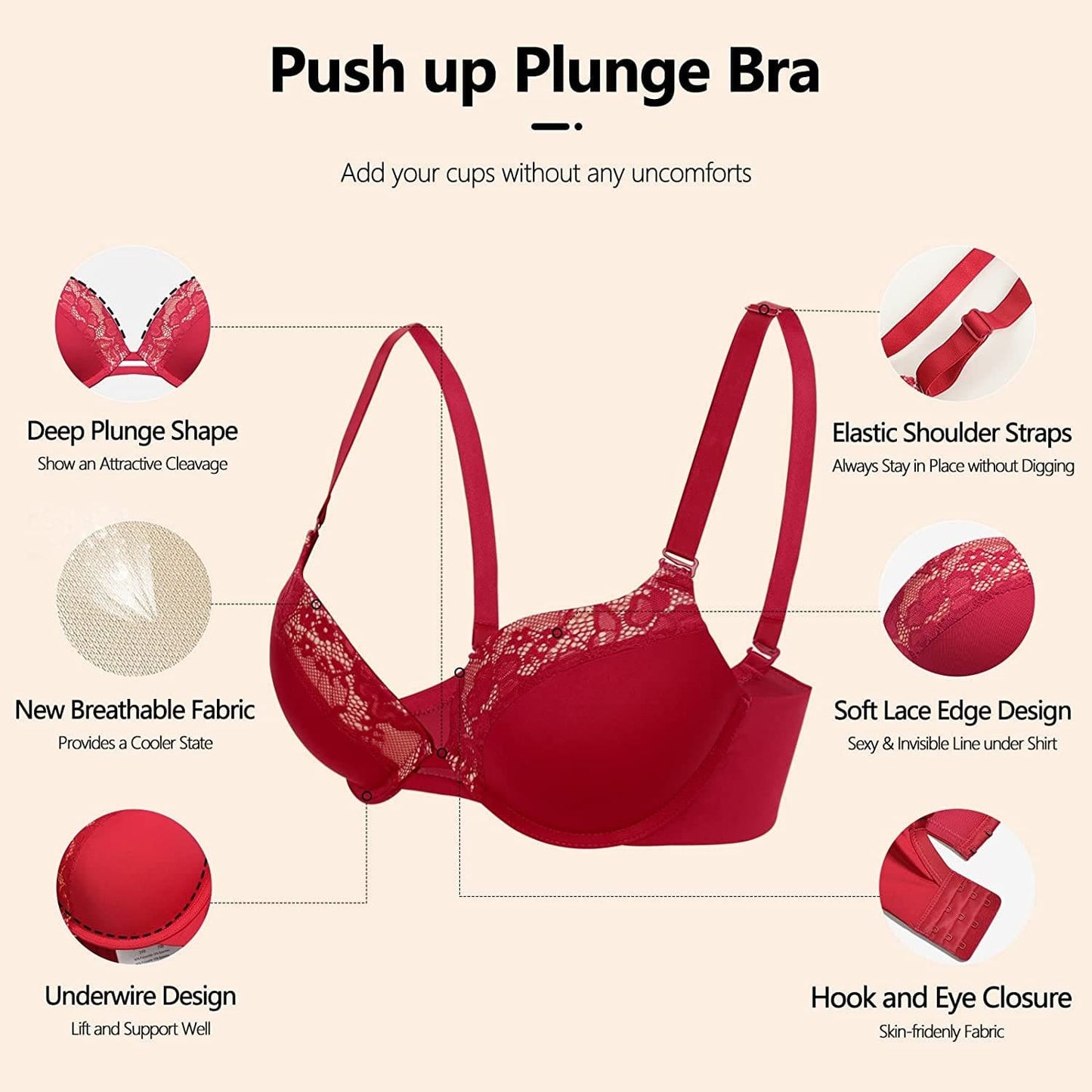 Women'S Push up Padded Lift Support Underwire Add 2 Cup T-Shirt Plunge Bra