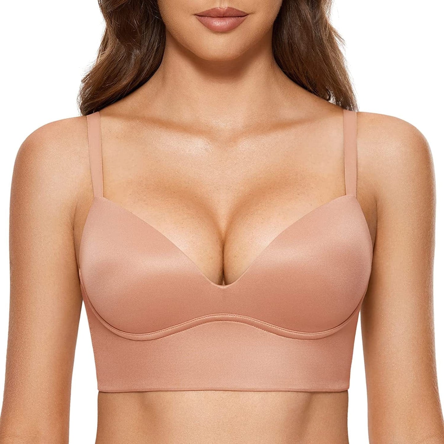 Women'S Push up Wireless Bra Padded T Shirt Bras No Underwire Plunge Cream Coffee / 38C
