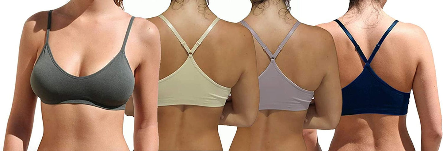 Women'S Racerback Bralette Sexy Everyday Basic Deep V-Neck Wireless W/Removable Padding Bra 4 Pack: Charcoal Beige Navy Mocha / Medium