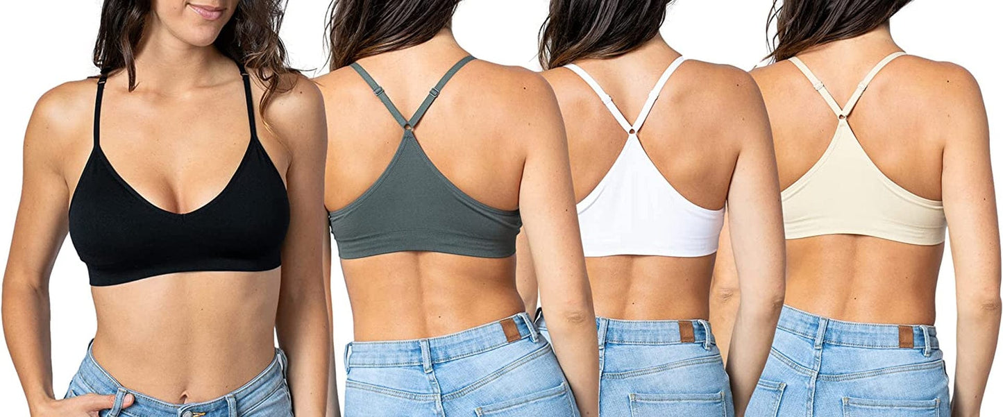 Women'S Racerback Bralette Sexy Everyday Basic Deep V-Neck Wireless W/Removable Padding Bra 4 Pack: Black White Beige Charcoal / Small