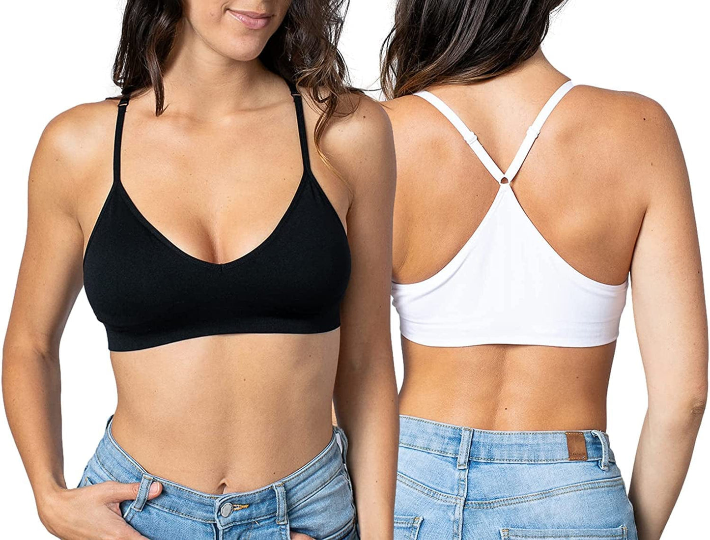 Women'S Racerback Bralette Sexy Everyday Basic Deep V-Neck Wireless W/Removable Padding Bra 2 Pack: Black & White / Large