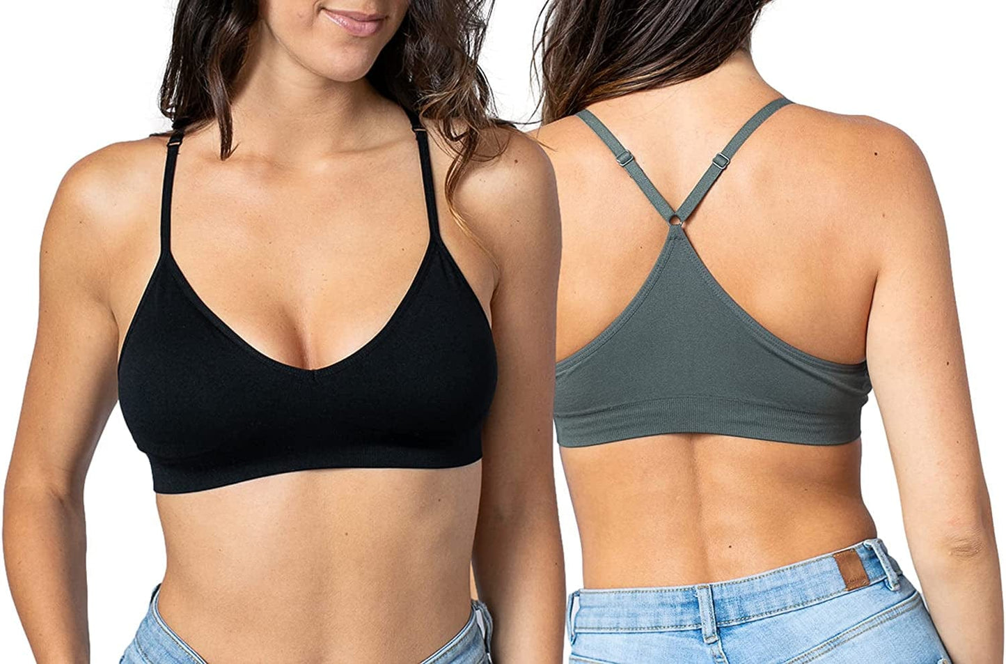 Women'S Racerback Bralette Sexy Everyday Basic Deep V-Neck Wireless W/Removable Padding Bra 2 Pack: Black & Charcoal / Large