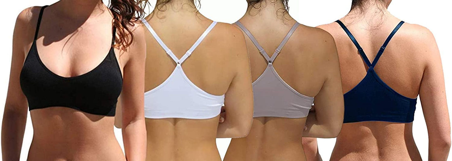 Women'S Racerback Bralette Sexy Everyday Basic Deep V-Neck Wireless W/Removable Padding Bra 4 Pack: Black White Navy Mocha / Small