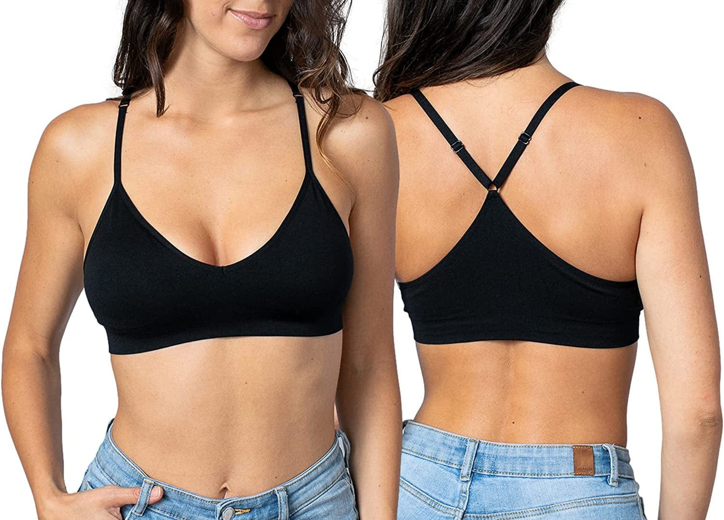 Women'S Racerback Bralette Sexy Everyday Basic Deep V-Neck Wireless W/Removable Padding Bra 1 Pc -Black / Large